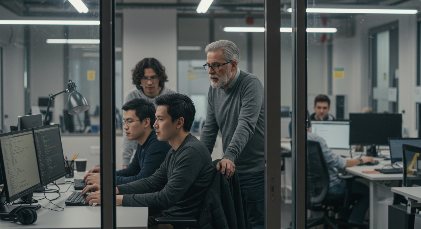 Modern office scene with developers working on computers